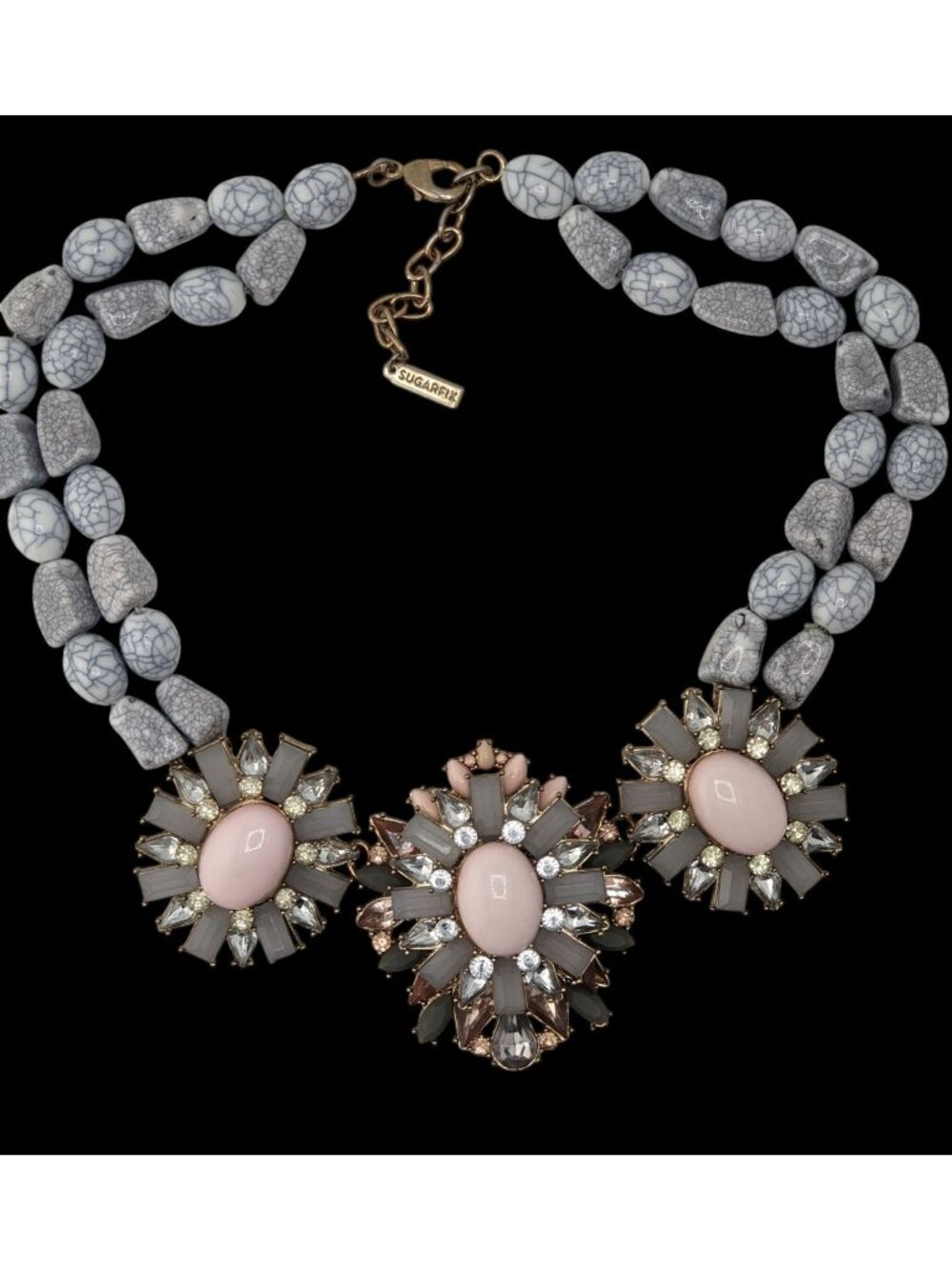 Sugarfix Floral Beaded Statement Necklace Rhinestones Faux Gems Pink Gray Silver